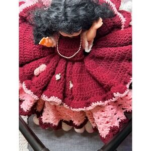 Vintage Sleepy Eye Bed Doll with Handmade Maroon and Pink Crochet Dress over Flo